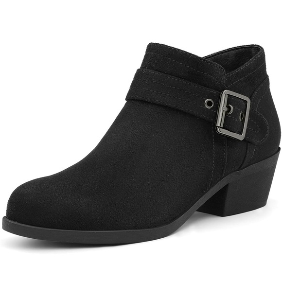 Black Suede Women’s Ankle Boots Low Chunky Heel Round Toe Booties w/ Side Zipper - Picture 1 of 6